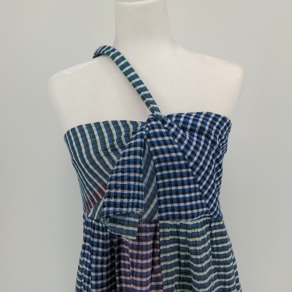 Maeve Anthropologie Waverly Gingham Plaid Blue Purple One Shoulder Dress Size 8 - Picture 2 of 15